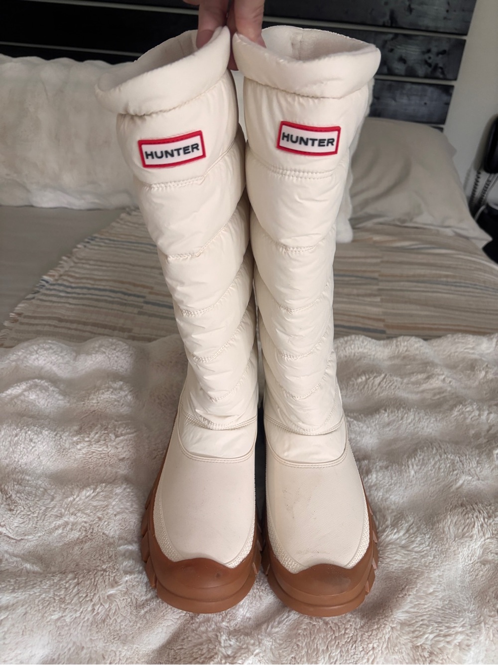 Hunter Cream Over-the-Knee Puffer Boots with Brown Sole